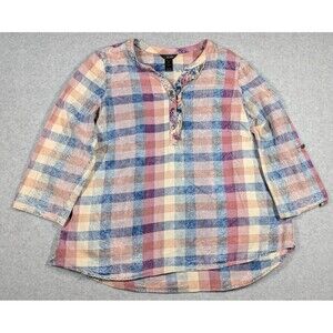 Ali Miles‎ Women Top 2X Grid Check Pastel Ruffle Gauze Curved Hem Art to Wear